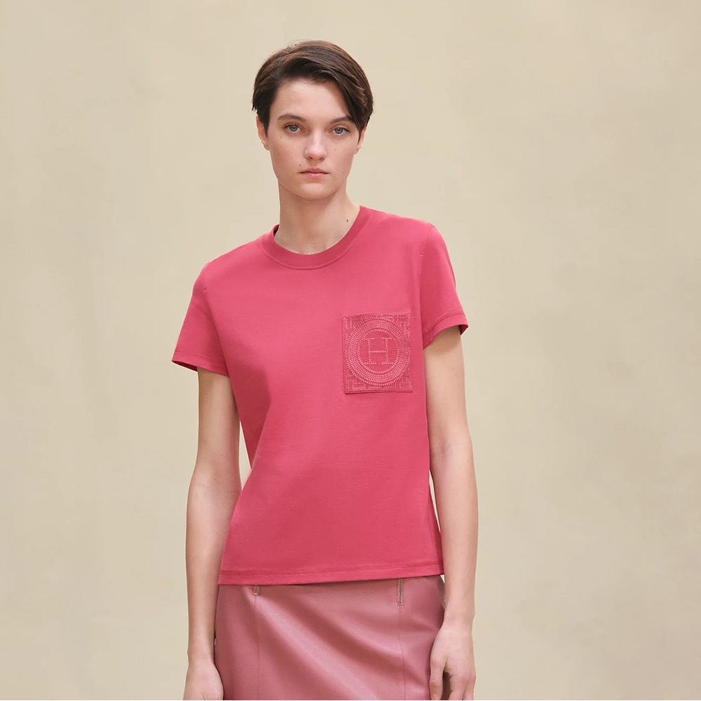 NEW IN BOX Hermes Embroidered Mosaic Pattern Cotton T Shirt Rose Framboise sz 40